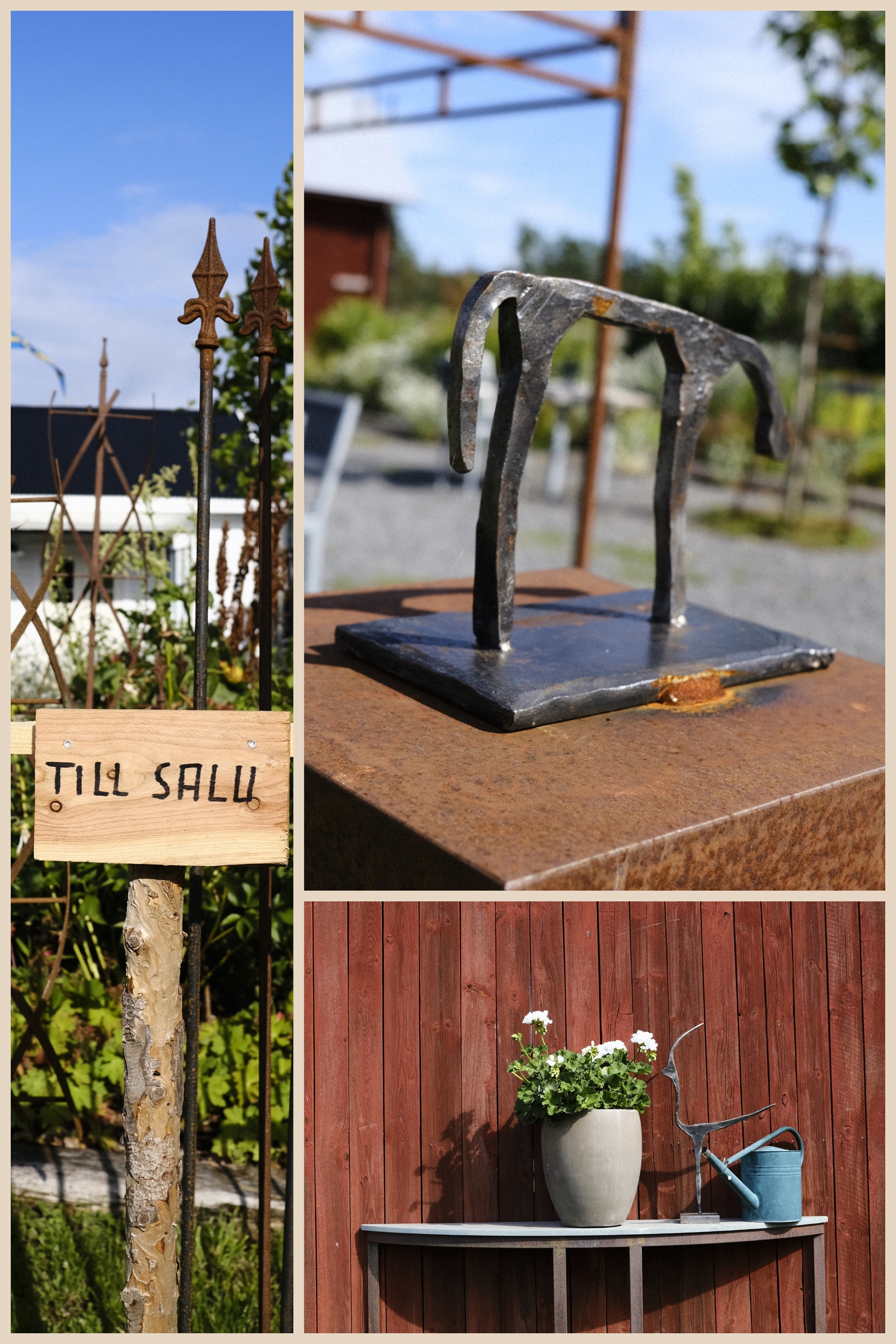 collage of metal garden accessories